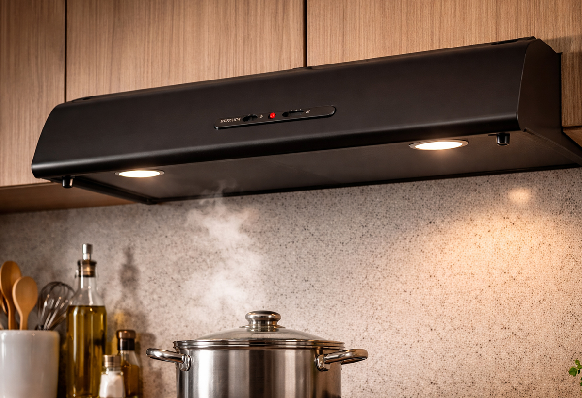 Απεικονίζεται ο απορροφητήρας εγκατεστημένος σε κουζίνα, απο κάτω μαγειρεύεται φαγητό.